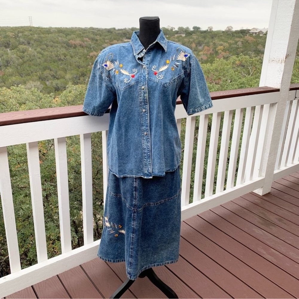 Vintage Acid Denim Wash Embellished Western Skirt and Shirt